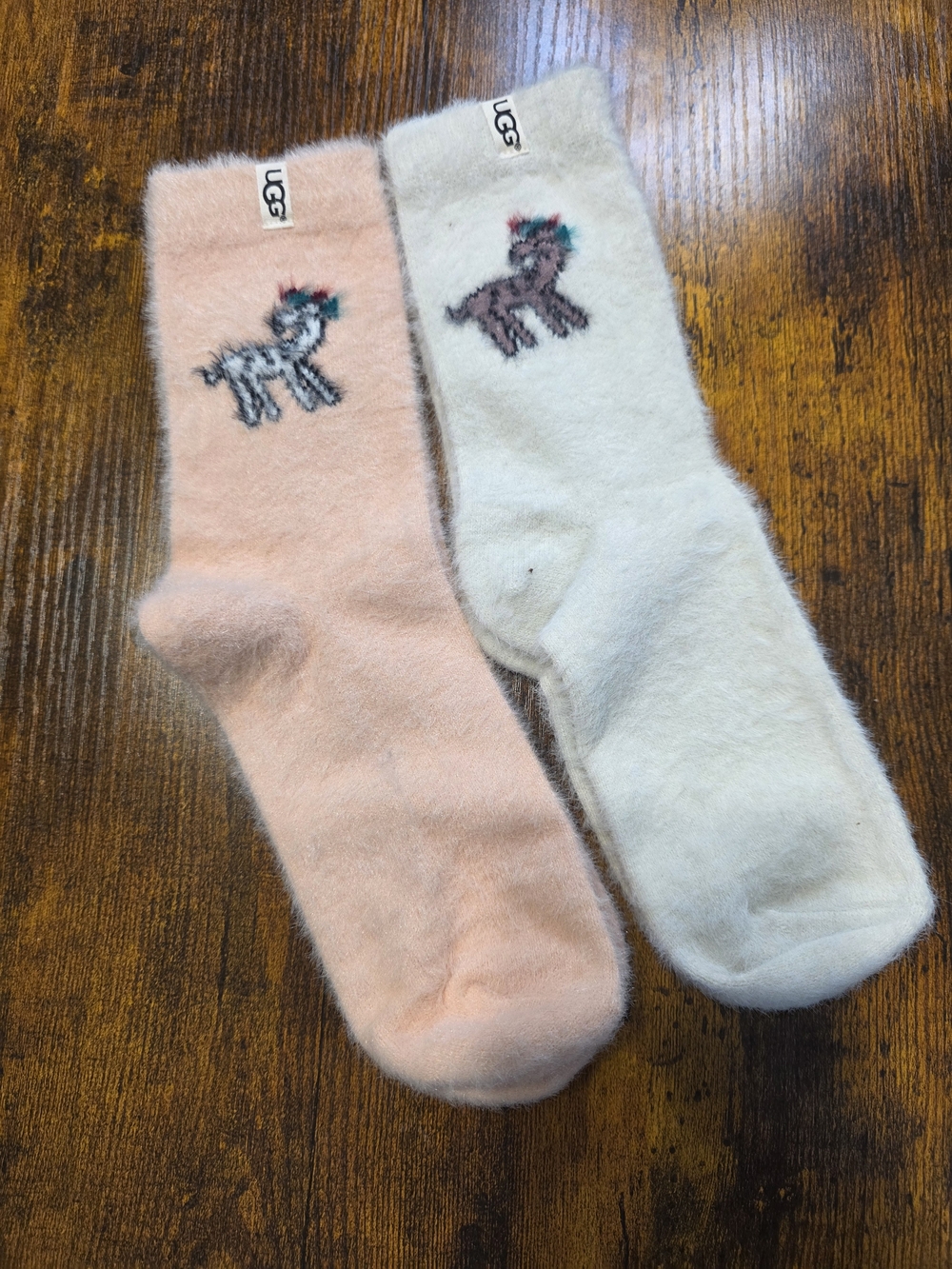 UGG Fuzzy Unicorn Crew Socks Pink Gray Ultra Soft Cozy Lounge NWOT